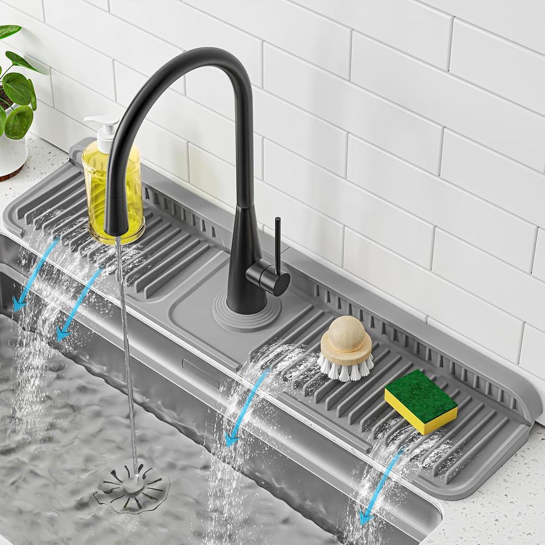PoYang 24 inch Faucet Mat for Kitchen Sink Splash Guard, 7 Slope Silicone Sink Water Splash Guard for Kitchen Sink Area with Snap Button, Longer Sink Protectors for kitchen Sink Sponge Holder, Grey