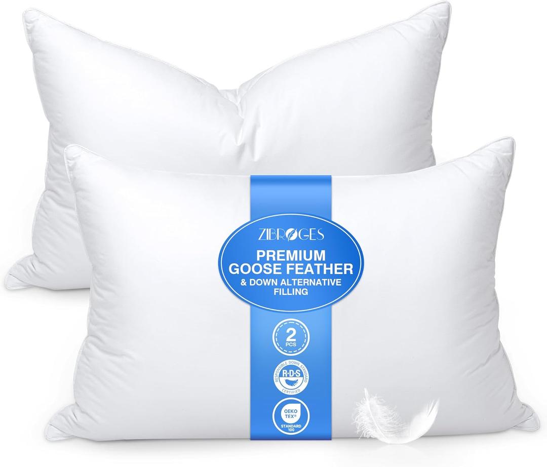 2 x Feather Pillows Queen Size Set of 2 - Goose Down Hotel Bed Pillow for Sleeping, Soft 600 Thread Count Cotton Cover, Fluffy Support Surround Fill Polyester for Side, Back and Stomach Sleepers