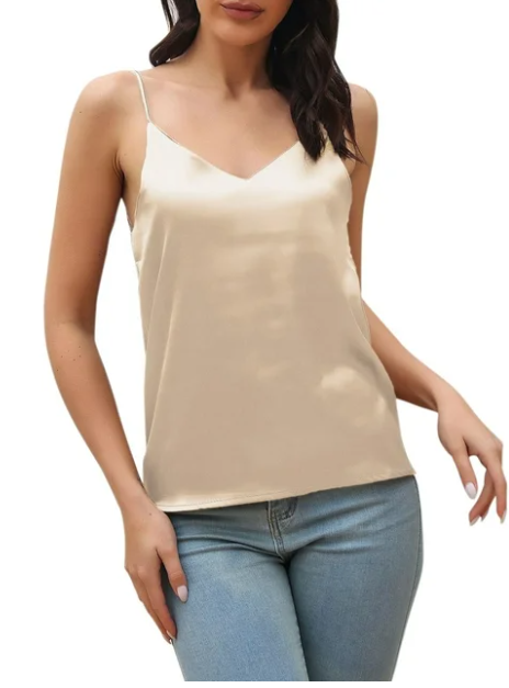 Camisoles For Women Summer Tops Trendy Spaghetti Strap V Neck Satin Sleeveless Soft Casual Womens Basic Cami Tops Beige M