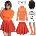 7PC Halloween Costume Set for Women, Brown Bob Wig, Red Skirt, Orange Top, Magnifying Glass, Socks, Glasses, Wig Cap L