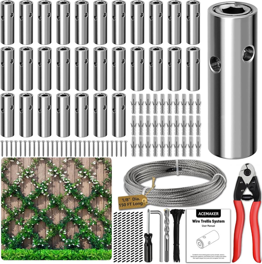 Wire Trellis for Climbing Plants Outdoor, 30-Set Wall Wire Trellis Kit with 1/8in x 150ft Stainless Steel Cable & Cutter, T316 Cylindrical Espalier System for Fence and Garden DIY Projects