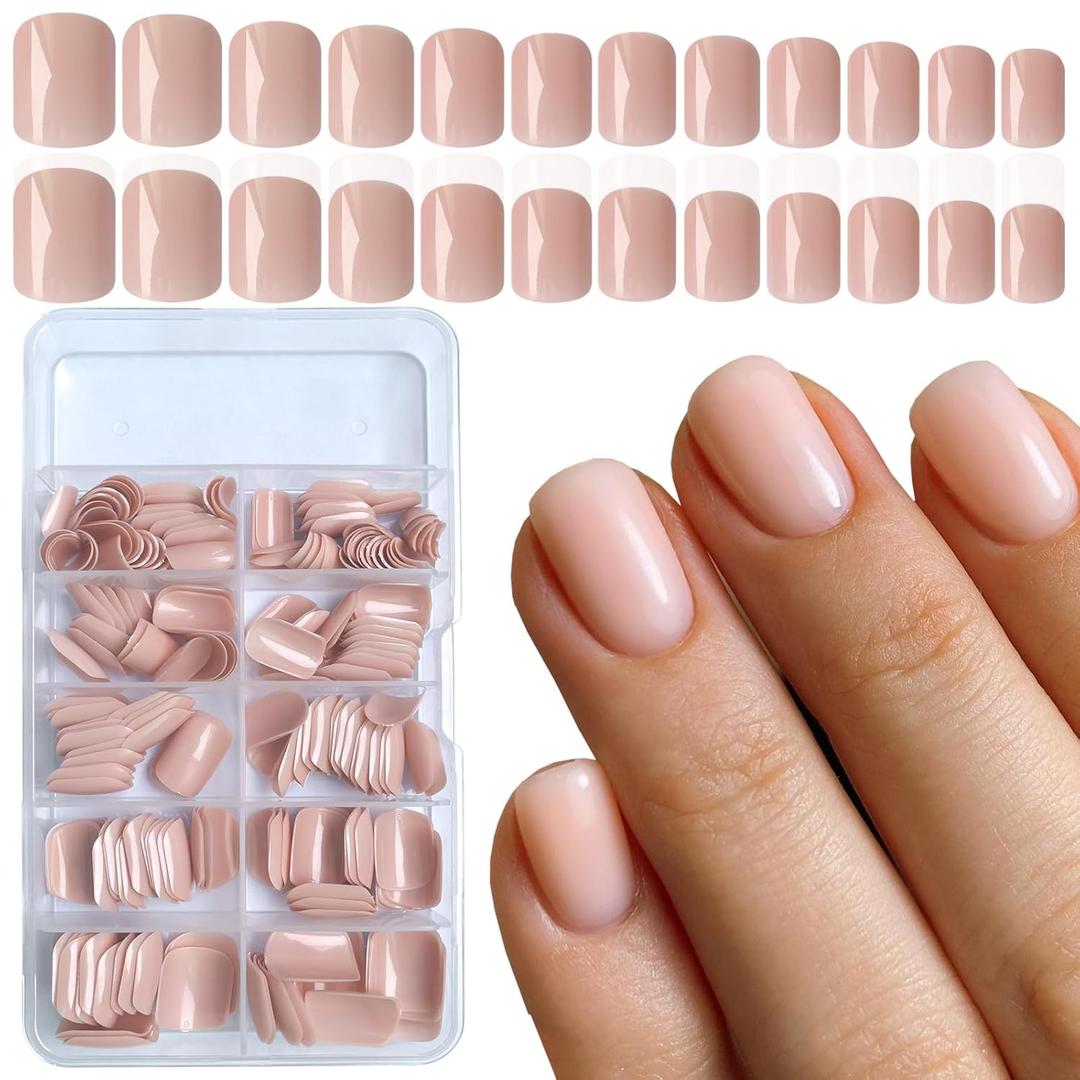 LuckForever Short Press on Nails 240pc Glossy Lotus Pink Press on Nails Short Square Round Fake Nails Full Cover 10 Sheets Nail Adhesive Tabs,Small Wooden Sticks and Nail Files False Nails for Women