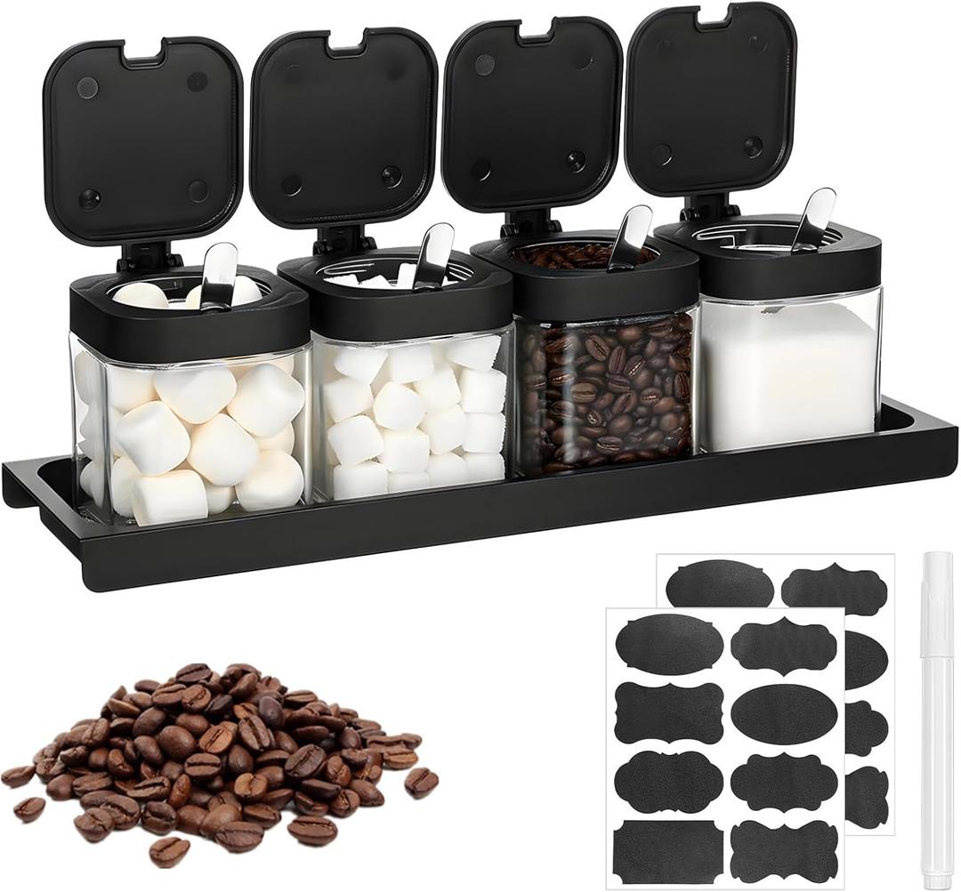 YBEATY 4 Pcs Glass Coffee Containers Coffee Bar Station Organizer Canister Set Airtight Seal Bean Storage Jars Condiment Spice Pots with Base Shelf Labels Spoon Pen for Sugar Tea Candy Oats Nuts