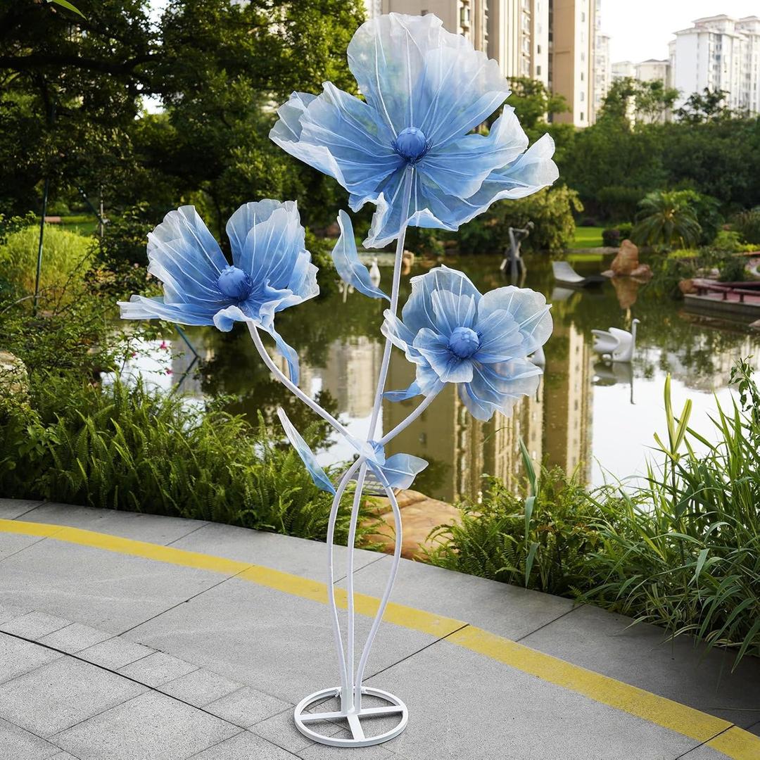 Giant Flowers for Decoration with Stand,Floor Standing Oversized Large Organza Flowers Decor,Giant Artificial Flowers for Wedding Decorations,Shop Window Display,Banquet,Garden Party(Blue)