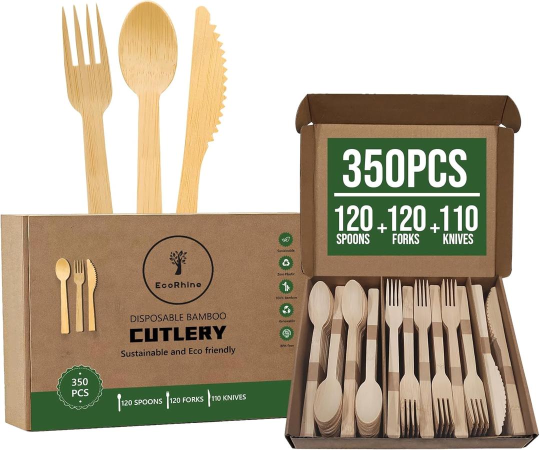 Disposable Bamboo Cutlery Set - 350 PCS Bamboo Utensil Set with 120 Compostable Forks, 120 Spoons, and 110 Knives - Disposable Cutlery Set for Outdoor, Party, Camping & More