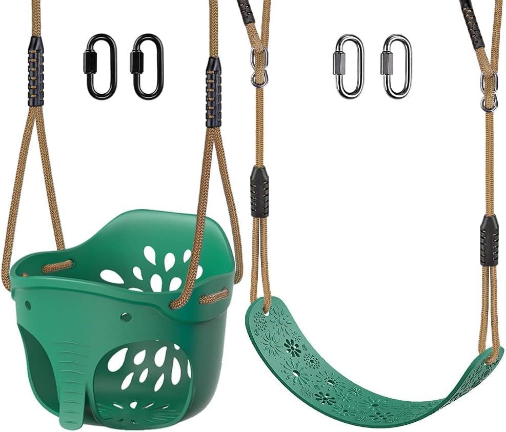 Dolibest Toddler Swing Set Accessories High Back Full Bucket Swing Seats w/Adjustable Rope and 4 Locking Carabiners, Cute Elephant Shape Design 600LB Capacity (2 Pack)