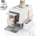 Stainless Steel Litter Box with Lid, XL Extra Large Enclosed Cat Litter Box Fits All Cats Modular Design with Flip Cover, Top Entry Metal High Sided Cat Box & Pedal & Scoop (White)