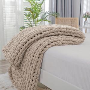 Bigacogo Chunky Knit Throw Blanket for Couch, 40x60 inches, 100% Hand Knitted with Thick Jumbo Chenille Yarn, Cozy Soft Large Rope Knot Cable Crochet Blankets for Sofa Bed Living Room, Taupe