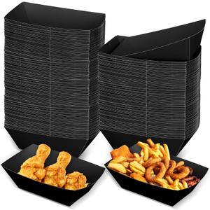 Uiifan 200 Pcs Paper Food Boats Disposable Paper Food Tray Grease Resistant Disposable Serving Tray Cardboard Hot Dog Holder for Burgers Fries Sandwiches Picnic Party (Black)