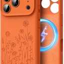 Magnetic Liquid Silicone Case for iPhone 17 Pro Max Compatible with Magsafe, Fall Engraved Floral Design Shock Proof Heavy Duty Protection Hard Phone Case for Women Girls, Orange