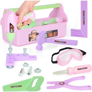 Pink Kids Tool Set (18 PCS) Pretend Play Construction Kit with Tool Box & Manual Drill