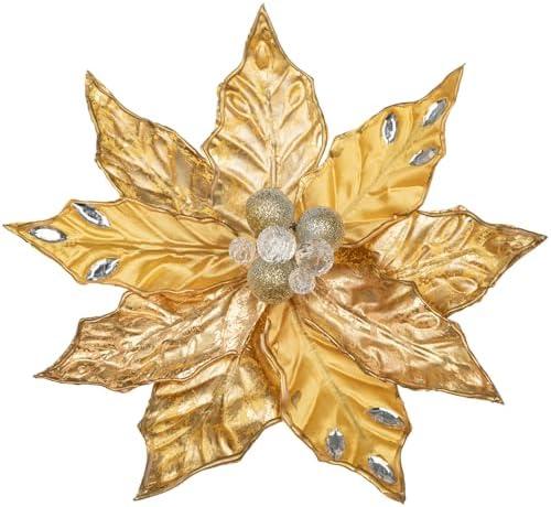 Hollyone 3PCS Poinsettia Christmas Flowers Artificial 11" Large Gold Glitter Poinsettia Flowers Christmas Tree Ornaments Floral Picks for Tree Wreath Garland Vase Table Centerpiece Home Decor