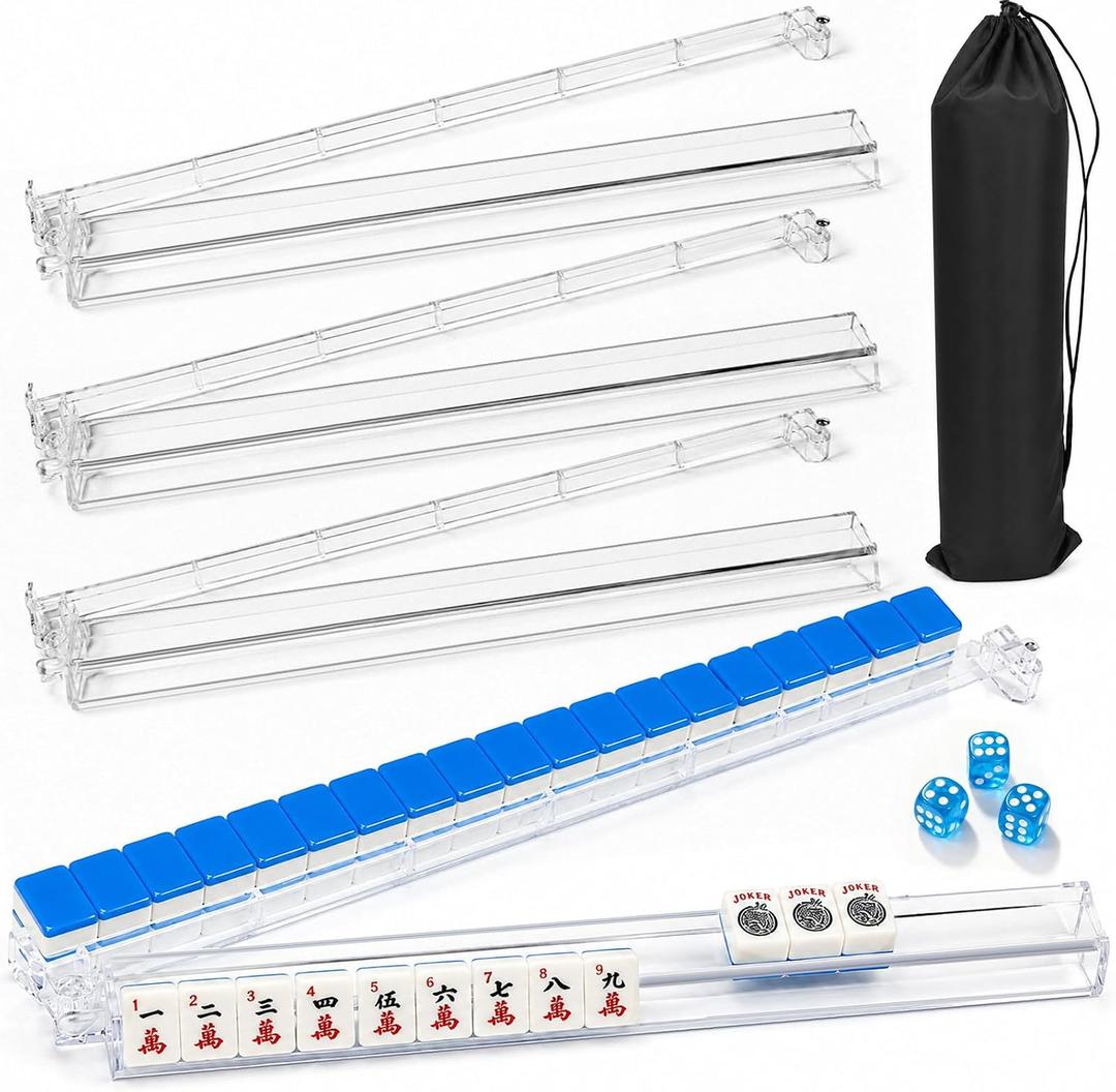 18.7 Inch Mahjong Racks with Pushers Set of 4, 3 Dice & Storage Bag, 18.7 x 3.1 x 1.2 inches