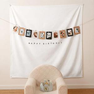 Gilprop 59x59 Inches Happy Birthday Tapestry Minimalist Happy Birthday Banner White Fabric Banner with 10 Photo Frames, Custom Wall Flag, Boho Wall Art for Party Indoor Outdoor Yard Decor