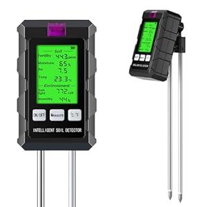 Dual Probe Soil Tester 6in1 Digital Moisture Meter, Moisture/pH/Temperature/Sunlight/Air Humidity/Fertility, Soil pH Tester for Farming, Gardening, Lawns and More (2*AAA Battery Needed)
