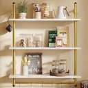 Bestier 31" Industrial Pipe Shelving, Floating Kitchen Wall Shelves 3 Tier Coffee Bar Shelves for Wall with 8 Hooks, Hanging Display Shelf Bookshelf for Living Room Bathroom, White Marble (31.5 Inch)