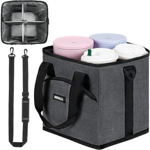 Reusable Drink Carrier with Handle Insulated, Collapsible 4-Cup Beverage Bag with No-Spill Base, Adjustable Dividers & Shoulder Strap, Portable Caddy for Delivery, Car and Travel, Gray