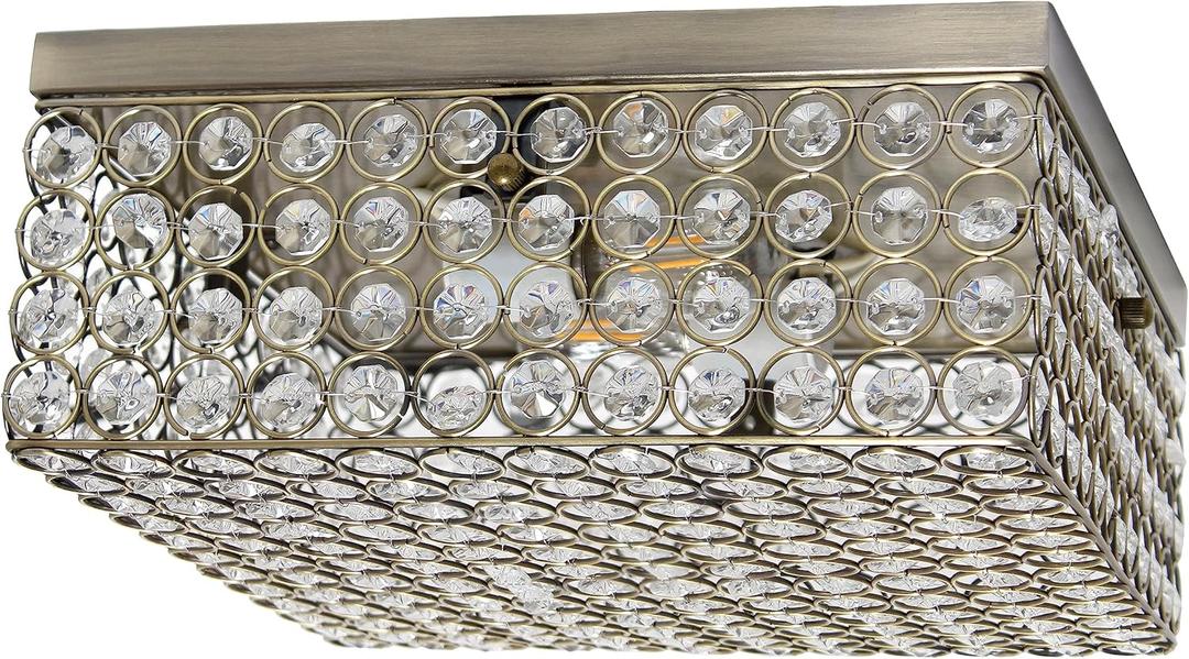 Elegant Designs FM1004-ABS Elipse Crystal 12 Inch Modern Metal 2 Light Squared Ceiling Flush Mount Fixture, Antique Brass