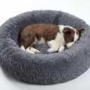 SAVFOX 23 inches Calming Donut Dog Bed - 3X Durable Plush Faux Fur, Machine Washable & Non-Slip, Fits up to 25 lbs, Dark Grey