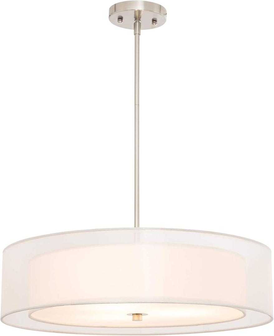 VONLUCE 3-Light Drum Chandeliers, 20" Pendant Light Fixture with 2-Layer Fabric Shade E26 Bases, Adjustable Swivel Joint Hanging Light Fixture for Bedroom Living Room Kitchen Hallway, Brushed Nickel