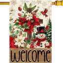 Welcome Winter Cross Poinsettias Snowman Pine Trees Christmas House Flag large 28X40 Inch Big Vertical Double Sided Yard Outdoor Outside Holiday Decoration