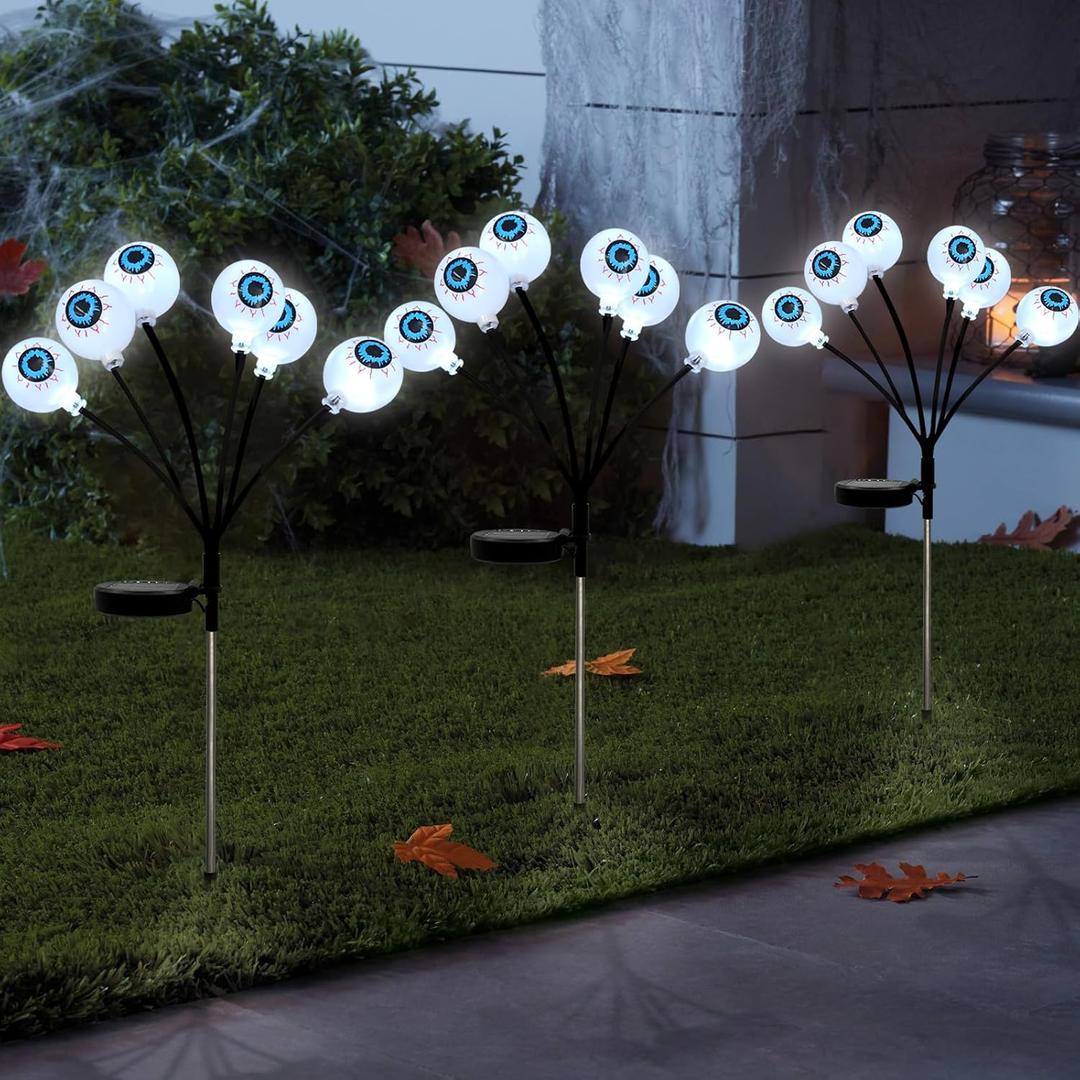 LEWIS&WAYNE Solar Halloween Pathway Lights 3 Pack Eyeball Stake Lights Outdoor 2 Modes Cool White LEDs for Garden Yard Patio