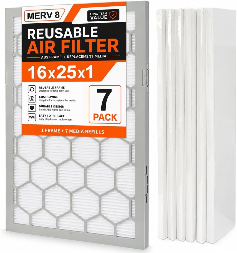 16x25x1 MERV 8 Air Filter,AC Furnace Air Filter,Reusable ABS Plastic Frame, 7 Pack Replaceable Filter Media (Actual Size: 15 3/4" x 24 3/4" x 3/4")