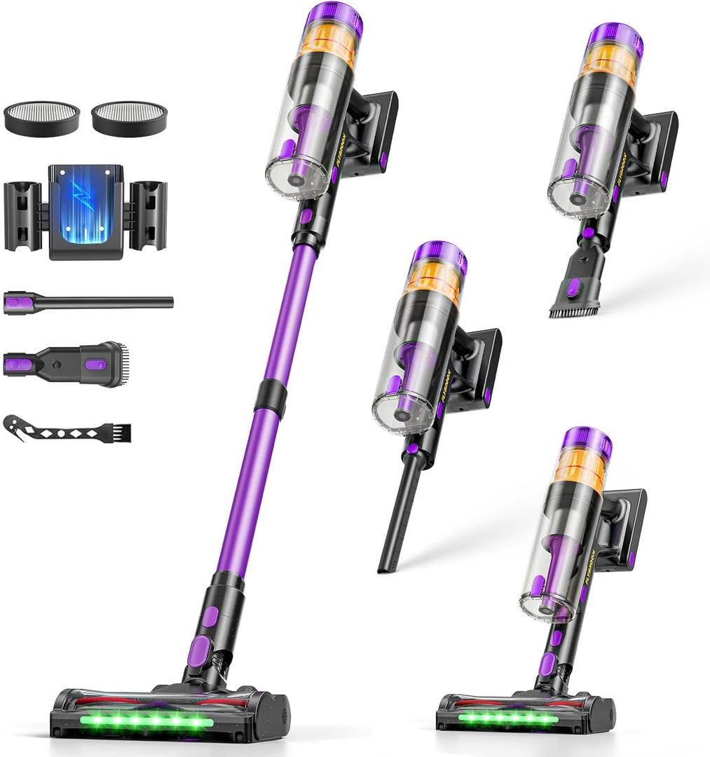 Cordless Vacuum Cleaner, 650W 48KPa Vacuum Cleaners for Home, Self-Standing Stick Vacuums with LED Display, Anti-Tangle, Lightweight, Stick Vacuum Rechargeable for Pet Hair Carpet Floor (Purple)
