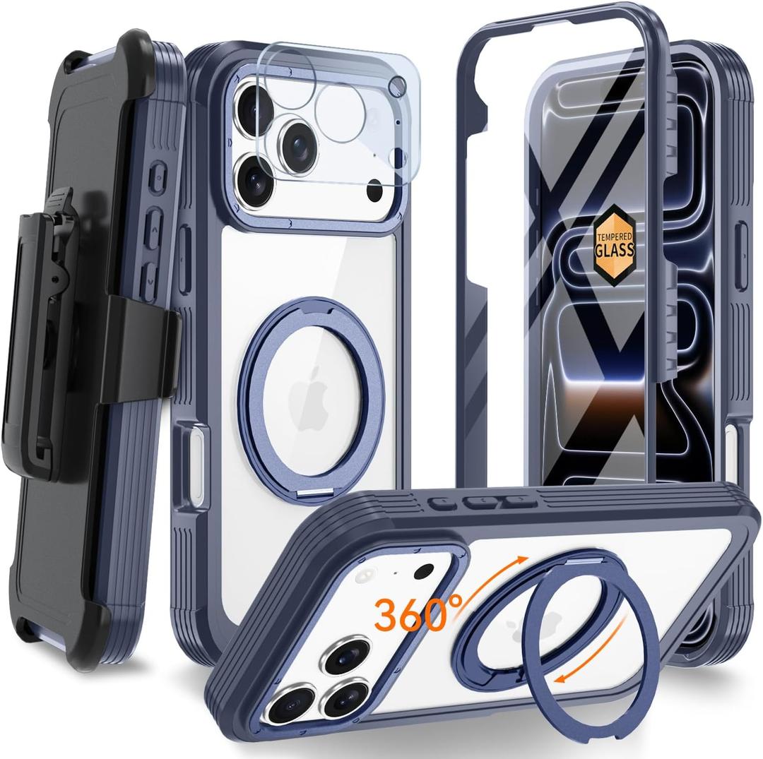 Magnetic for iPhone 17 Pro Case, Compatible with MagSafe, Full Body Rugged Case with Built-in Screen Protector & Kickstand & Belt-Clip (Blue)
