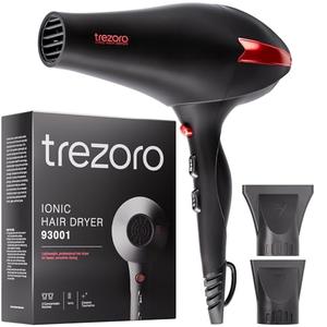 TREZORO Professional Hair Dryer, Ionic Ceramic Tourmaline Technology, 2000W Fast Quiet Drying, with Narrow & Wide Concentrator Nozzles, 3 Heat & 2 Speed Settings, Cool Shot Button, Black