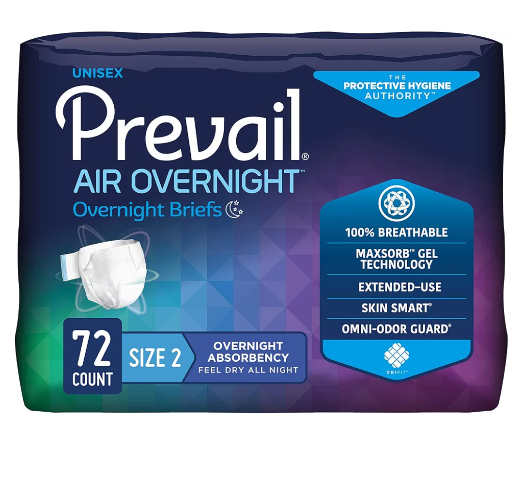 Prevail AIR Overnight Incontinence Briefs - Unisex Adult Incontinence Briefs with Tabs - Disposable Adult Diaper for Men & Women - Overnight Absorbency - Size 2, 72 Count (4 Packs of 18)