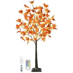 4FT 60LED Lighted Maple Tree - Fall Thanksgiving Decor Artificial Tree with 6 Acorns 120 Leaves, Remote 8 Flashing Modes, Timing, DC 5V Safe for for Indoor Outdoor Harvest Decoration