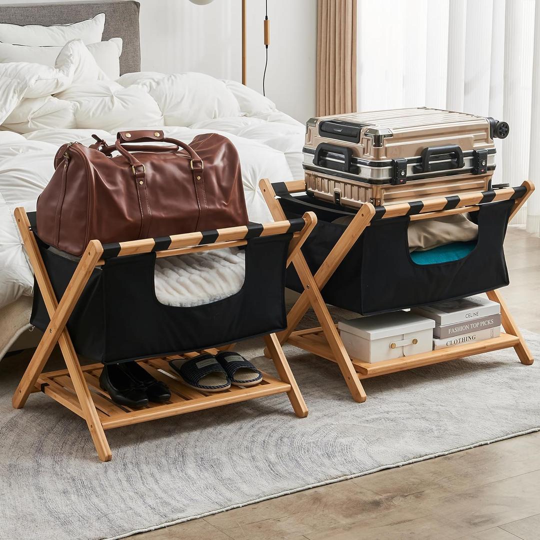 Folding Luggage Rack for Guest Room - Fully Assembled Bamboo Suitcase Stand - Sturdy Wooden Luggage Holder with Laundry Bag & Shoe Rack - Airbnb Essential for Hosts, Guest Room Must Haves (Pack of 2)