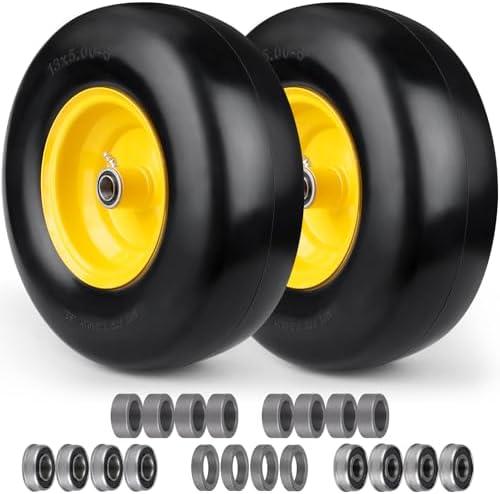 Upgraded 13x5.00-6 Flat Free Lawn Mower Tire,Riding Tire with 3/4" & 5/8" Precision Bearings,3.25"-5.25" Centered Hub,Solid Smooth Zero Turn Mower Front Tire for Residential and Commercial,Yellow