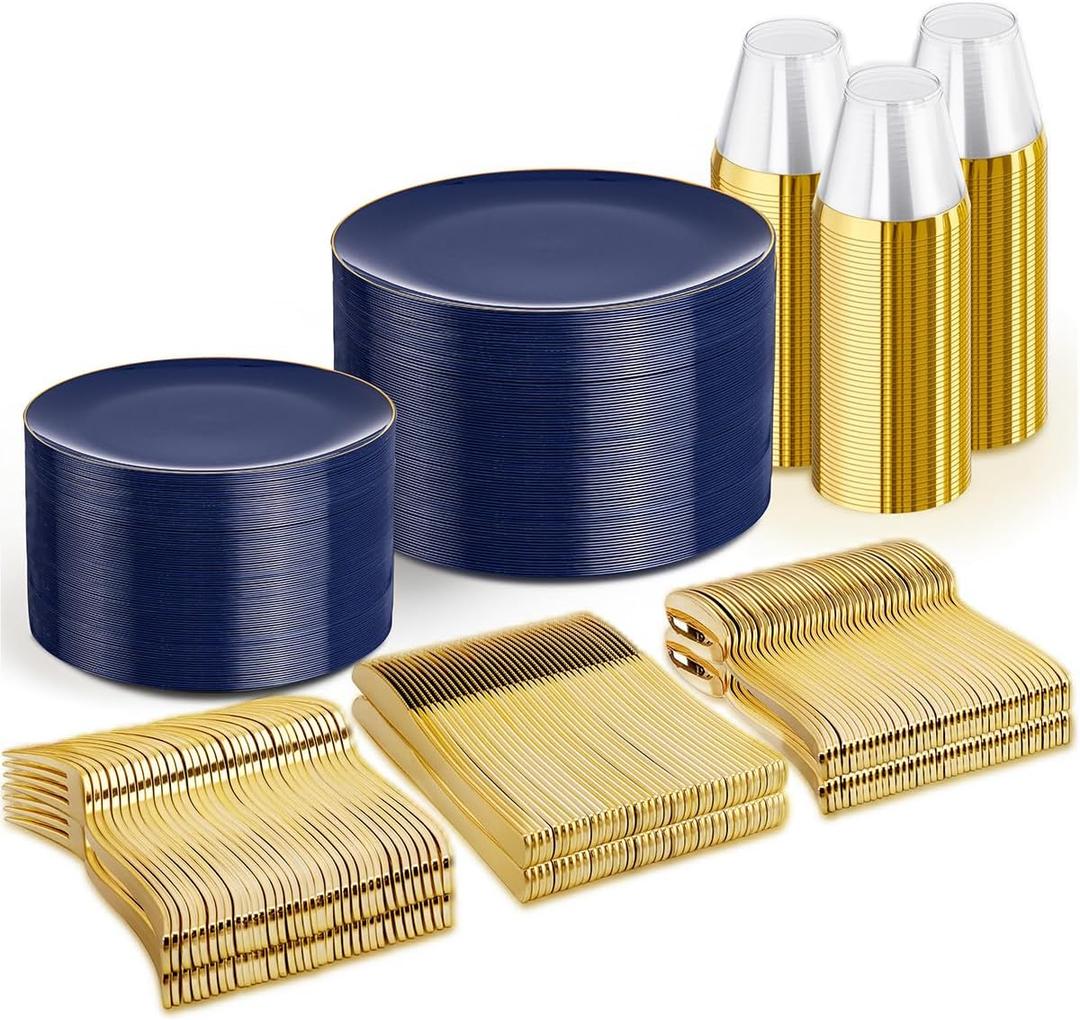 WDF 300PCS Navy Blue Plates Disposable - Blue Plastic Plates 50guest Heavy Duty Plastic Dinnerware Sets for Party/Wedding/Birthday (Blue and Gold)