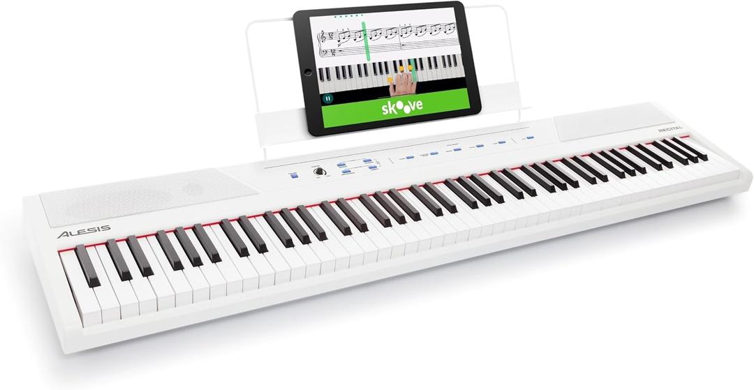 Alesis Recital White - 88 Key Digital Piano Keyboard with Semi-Weighted Keys, 2x20W Speakers, 5 Voices, Split, Layer and Lesson Mode, FX and Piano Lessons, Full