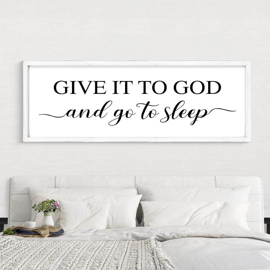 UPPER DECOR Give It to God and Go to Sleep Sign 42''×15'' Large Above Bed Wall Decor Farmhouse Bedroom Decor Wood Framed Guest Room Decor Wall Art Rustic Master Bedroom Wall Decoration (White)