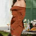 HYPERFIRE Women's Elegant Satin Off The Shoulder Long Sleeve Mini Dress Tie Back Wedding Cocktail Dresses (Brown)