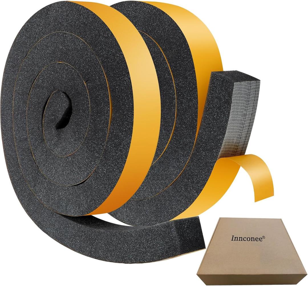 2 Rolls 1-1/2 Inch W x 1-1/2 Inch H Foam Weather Stripping with Adhesive 8 ft Foam Density Closed Cell Tape Seal for Uneven Gaps Doors Windows (Black)