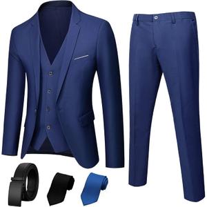 3 Piece Mens Suit, Slim Fit Stylish Jacket, Pants, Vest, 2 Ties, and Belt, Perfect for Weddings, Business and More (X-Large, Navy Blue)