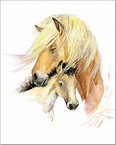 7 Dots Art. Mom and baby. Watercolor Art Print, poster 8"x10" on Fine Art thick Watercolor paper for children's kids room, bedroom, bathroom. Wall art decor with Animals for boys and girls. (Horses), Pack of 2