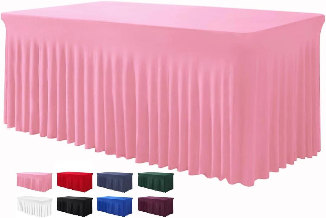Table Skirts for Rectangle Tables 6ft - One-Piece Pink Tablecloths and Skirt, Wrinkle Resistant Ruffles Elastic Cover for Banquets, Weddings, Events, Parties (72" x 30" (Rectangular))
