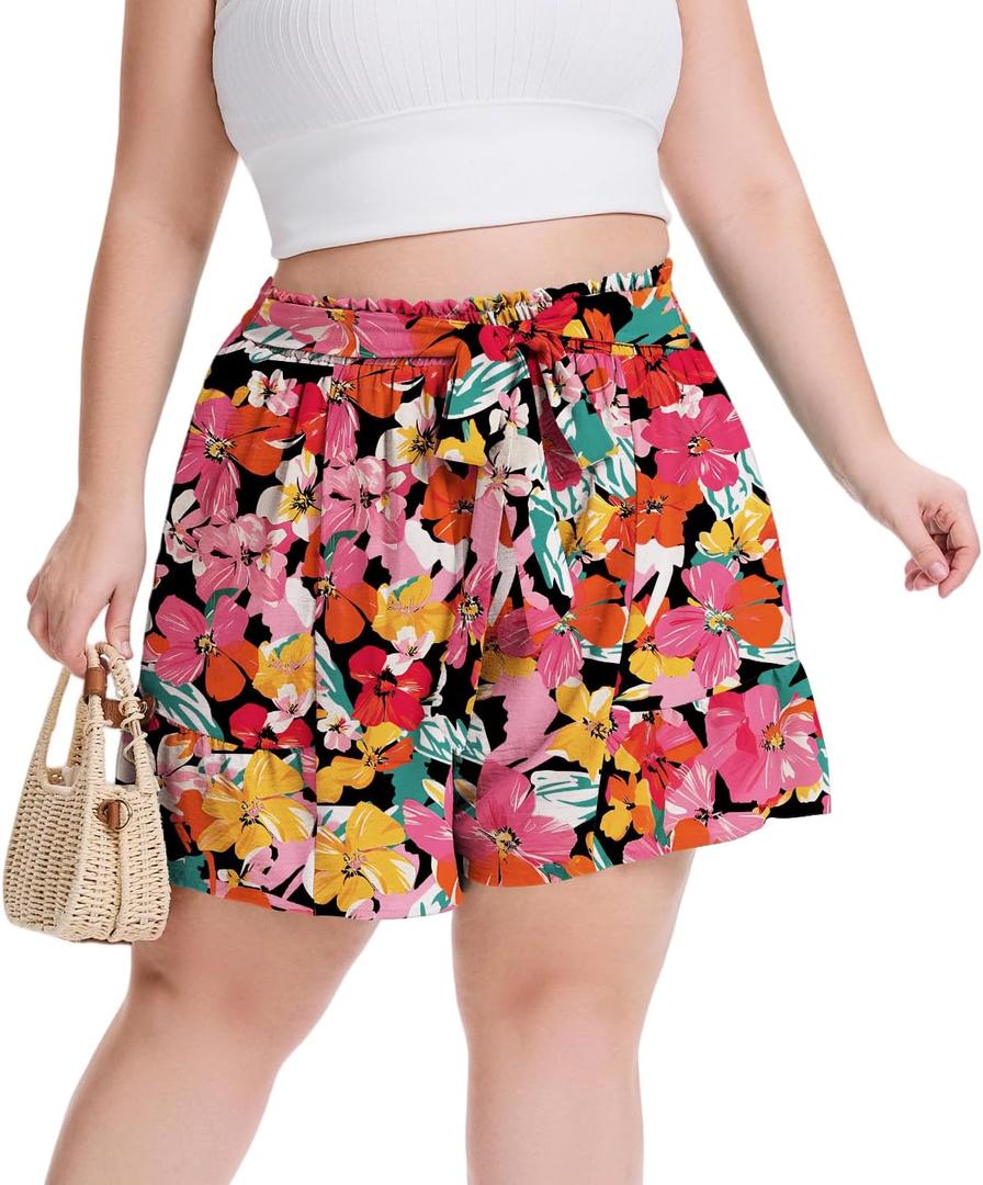 Plus Size Shorts for Women Casual Elastic Waist Wide Leg Flowy Shorts with Pockets Summer Vacation Outfits (XXXL)