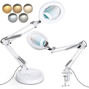 10X Magnifying Glass with Light and Stand, Upgrade Button 5 Color Modes Stepless Dimmable, 2-in-1 LED Lighted Magnifier Light, Hands Free Desk Lamp with Clamp for Craft Hobby Close Work - White