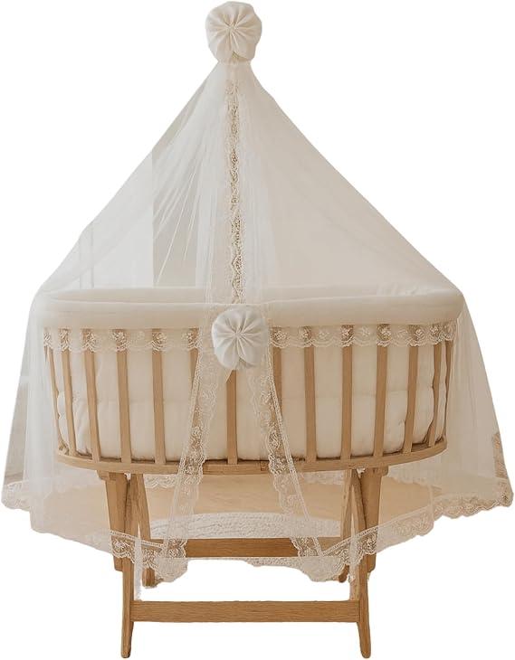 Wooden Child Lounger with Canopy, Natural Beech Rocking Stand with Lockable Function, Includes Cotton Fabric Accessories & Mosquito Net, Nursery Furniture for Infant Use