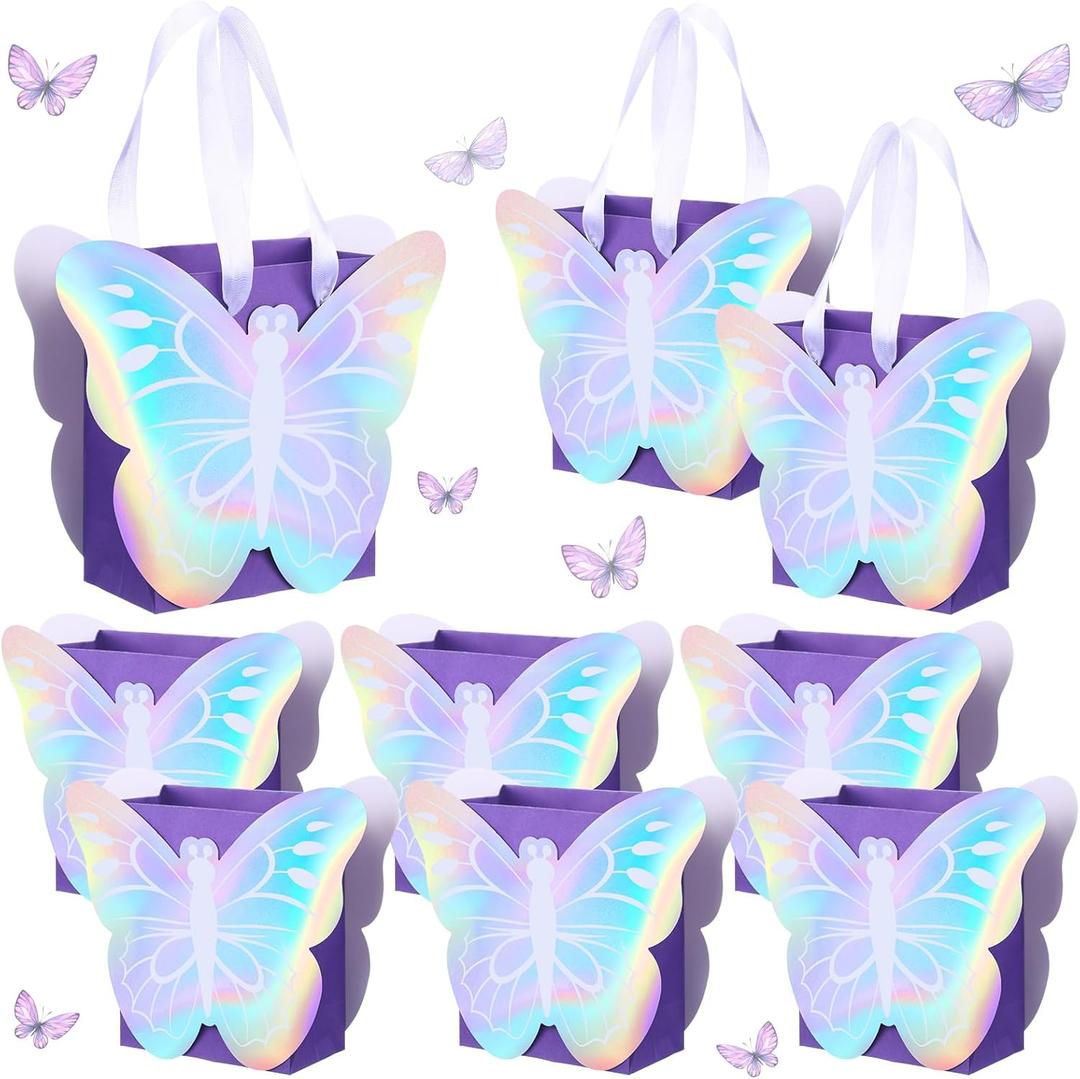 Sweetude 12 Pcs Holographic Butterfly Party Favor Bags Iridescent Purple Butterfly Goodie Bags for Spring Birthday Gift Treat Candy Baby Shower Party Bridal Showers Supplies