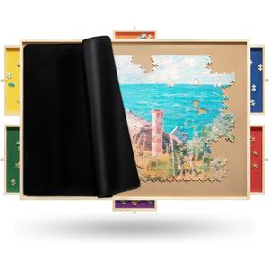 1500 Rotating Puzzle Board Pro, with 6 Drawers, Rubber Cover Mat, 34" x 25", 360 Lasy Susan, Sort-Wise Colorful Felt Drawers & 4 Trays, Wooden Jigsaw Puzzle Table, Birthday Gifts for Mom (Multicolor)
