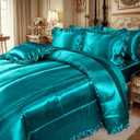 Silky Comforter Set with Sheet Set Queen 8 Pcs Peacock Green Bed in a Bag Green Bedding Set Silk Like Satin Ruffle Home Decor Sexy Hotel Silky Bed Set with 1 Cushion Cover