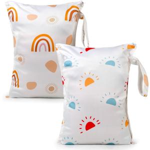 Waterproof Wet bags for Baby,Travel,Swim Suit,Cloth Diapers,Pump Parts,Pool,Beach,Gym Clothes,Toiletry,Hook to Stroller,Daycare,Zipper Reusable Wetdry Packing Pouch-Sun,Rainbow