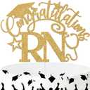 Ferburitar Congratulations RN Cake Topper, Congrats Nurse/BSN Cake Decor, 2025 Nursing School Grad Graduation Party Decorations Supplies, Gold Glitter